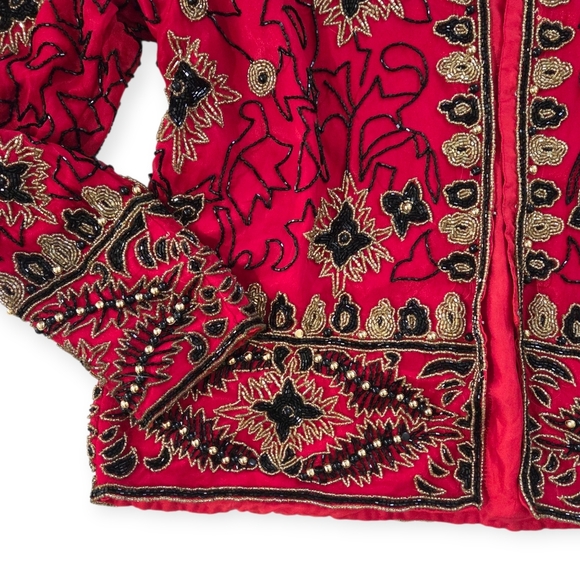 Vintage Monika Silk Beaded Jacket Rare Red M Embroidered Boho Glam Luxe Couture - Picture 9 of 16